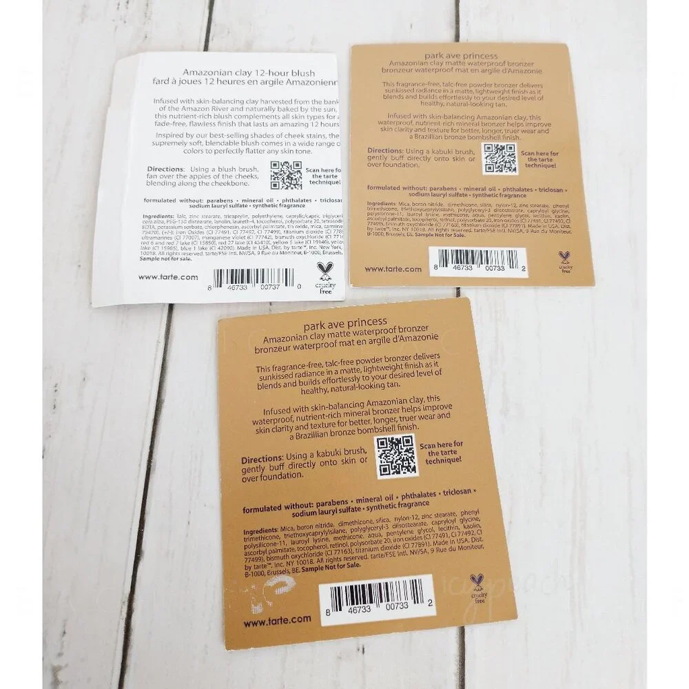 tarte Amazonian Clay Blush and Bronzer Sample Cards Park Ave Princess Dollface